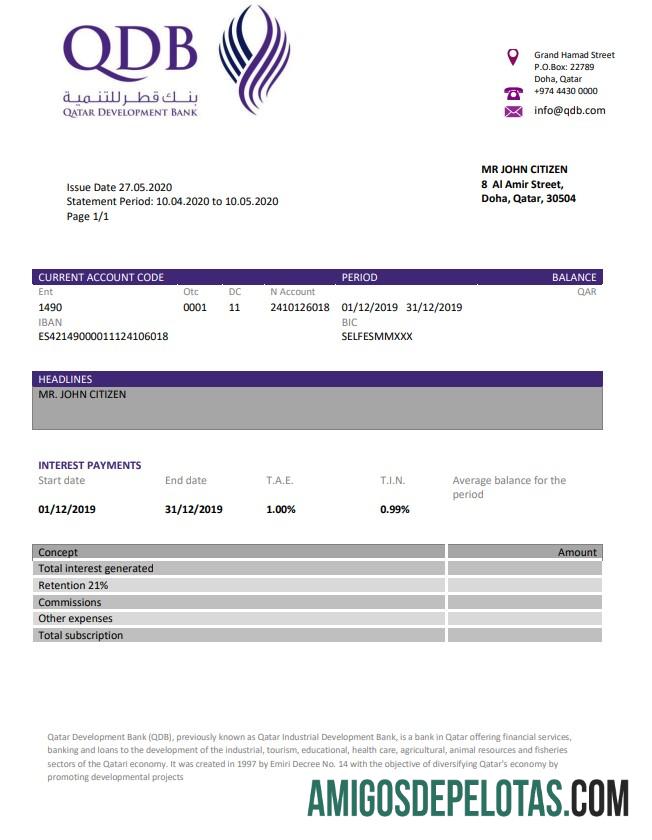 Modelo de extrato do Banco de Desenvolvimento do Qatar em branco, formato Word e PDF (.doc e .pdf)